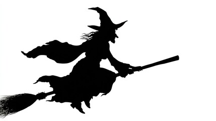 Halloween cartoon silhouette of a witch flying on a broom, vector illustration isolated on transparent background PNG, for poster and web design.