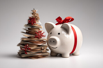 A Christmas tree made of coins and paper money next to a piggy bank with a red ribbon
