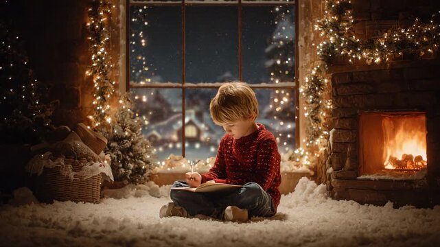 Cozy christmas evening with child reading book by fireplace glowing lights and festive decorations
