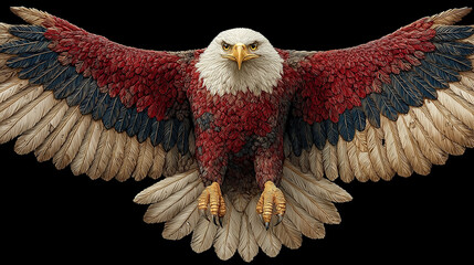 A bald eagle flies high with wings displaying american flag colors embodying liberty and pride