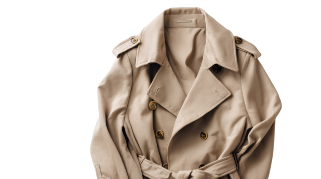 Classic beige trench coat, elegant style, fashion statement, white isolate background.