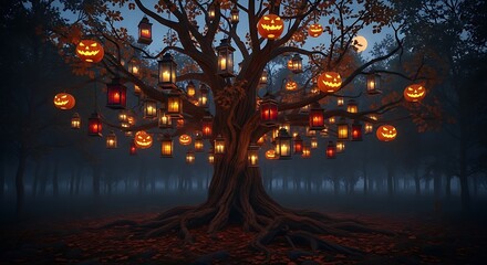 Spooky halloween tree with glowing jackolanterns and lanterns in a dark forest