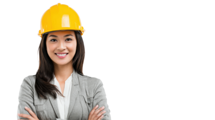 Confident businesswoman with a yellow safety helmet, smiling on a white isolated background.