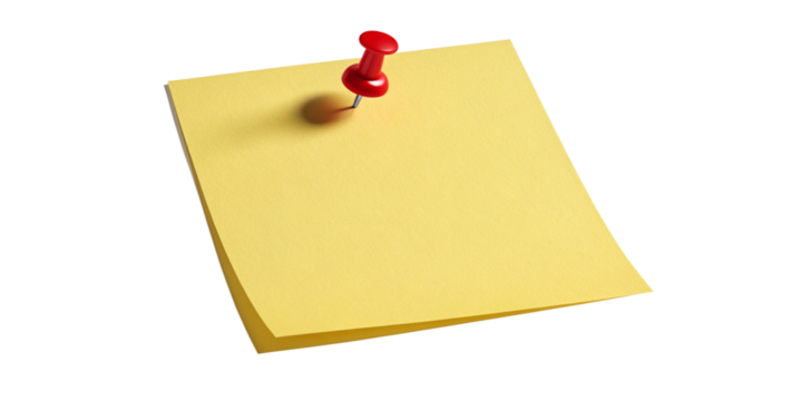 Isolated Yellow Sticky Note with Red Push Pin on Transparent Background
Blank Curled Sticky Note with Shadow and Red Thumbtack – Transparent PNG