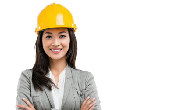 Confident businesswoman with a yellow safety helmet, smiling on a white isolated background.