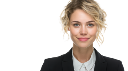 Confident young professional in business attire on white isolated background.