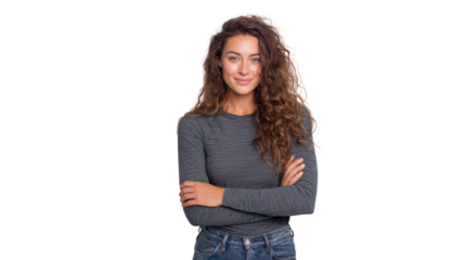 Confident young woman with curly hair smiling, standing with arms crossed, isolated on white background.