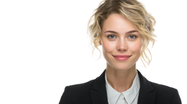 Confident young professional in business attire on white isolated background.