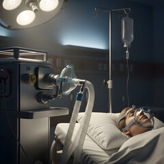 Quiet steel ventilator humming in dim hospital room, overhead lights casting soft glow on adjustable mask over patient, clinical serenity