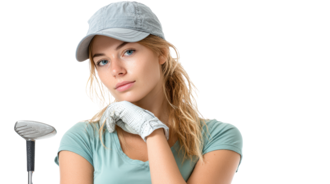 Female golfer posing confidently with golf club, isolated on white background.