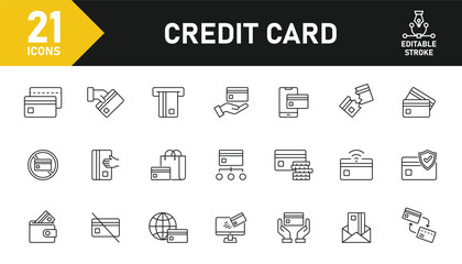 Credit card line icon set. Set of 21 outline icons related to credit card, debit, ATM, payment, wallet, transaction, money and others. Editable stroke. Vector illustration.