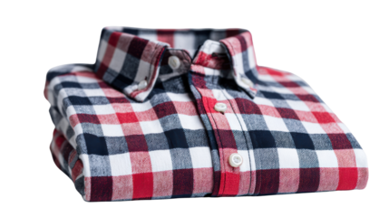 Folded plaid shirt in red, white, and blue colors on a white background.