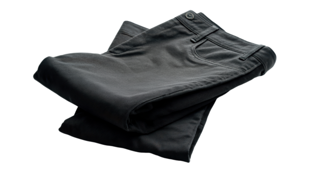 Folded black trousers on a white isolated background.