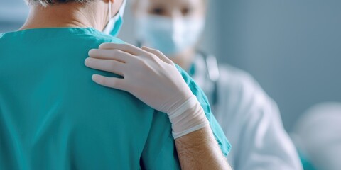 Compassionate healthcare: nurse comforting doctor with supportive touch in hospital