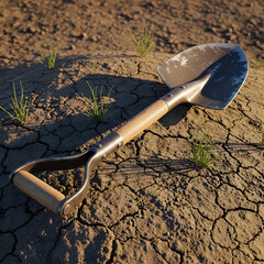 Worn entrenching tool on dry earth, symbolizing resilience in a desolate landscape