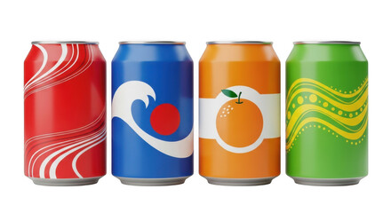 Four colorful soda cans with distinct designs are arranged in a row on a transparent background