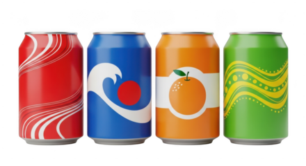 Four colorful soda cans with distinct designs are arranged in a row on a transparent background