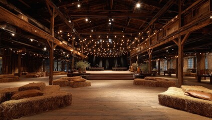 Rustic warehouse event space with hay bales and warm lighting
