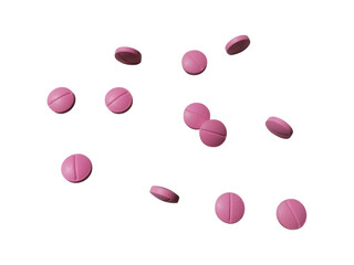  Pink Medicine Tablets or Supplement Pills Flying in the Air on a Transparent Background