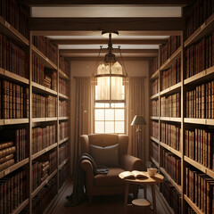 A serene quartz lantern illuminates a cozy reading nook in a quaint rural library surrounded by old books