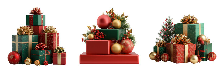 Set of Close-up of a cheerful pile of Christmas presents with bright patterns and decorative bows on transparent png background. Ai generated