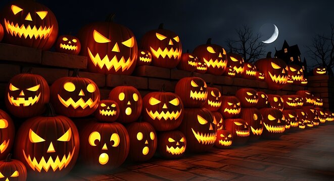 Spooky halloween pumpkins glowing with eerie light under a crescent moon night