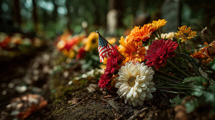 American flags and floral tributes line a serene cemetery for memorial day honoring fallen heroes