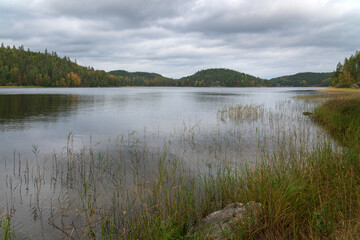 View from the shore of Lake Ladoga near the village of Lumivaara on a sunny autumn day, Ladoga skerries, Lahdenpohya, Republic of Karelia, Russia