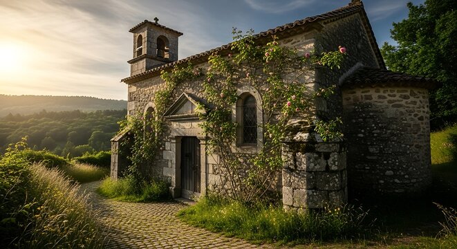 Stone church at sunrise.