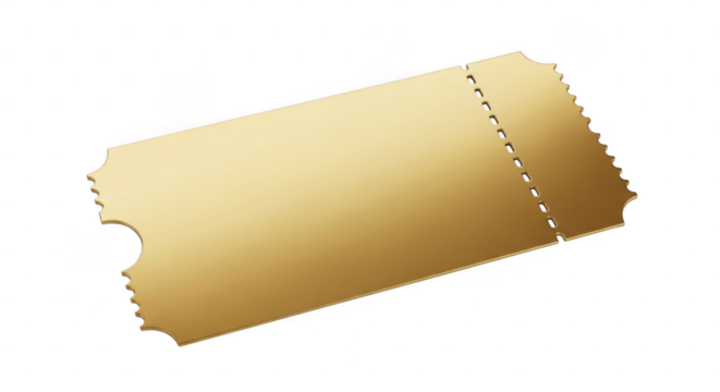 A single golden ticket with a perforated edge lies on a transparent background, ready for entry