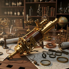 Fototapeta premium Antique Zenithscope on a Worn Laboratory Workbench, Surrounded by Astronomical Tools