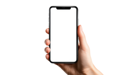 Hand holding a smartphone with a blank screen, isolated on a white background.
