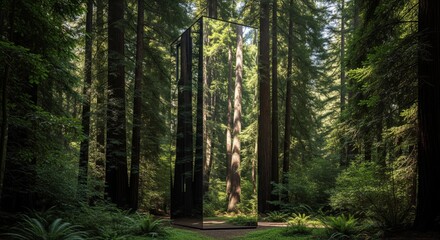 Obraz premium A surreal and minimalist mirrored cabin that reflects and blends into the surrounding redwood forest, almost becoming invisible.