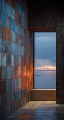 Obraz premium Interior view of a room with a window showcasing a sunset over water. Rustic, tiled walls meet a modern concrete floor and frame