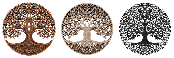 Set of Ornate golden Tree of Life, biblical-inspired design, dark background on transparent png background. Ai generated