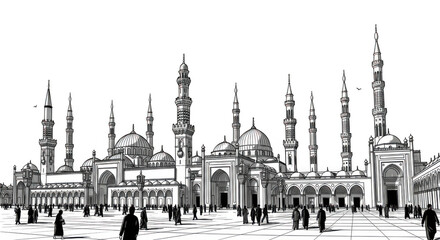 A detailed black and white sketch depicts a grand mosque with multiple domes and minarets, bustling with people isolated on transparent background