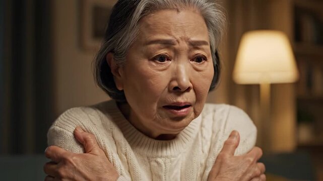 Asian Senior Woman in White Sweater Looking Scared and Shivering, Hugging Herself Indoors at Night