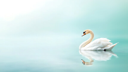 Obraz premium Serene lake features graceful swan gliding across calm water, reflecting tranquility and beauty in minimalist setting