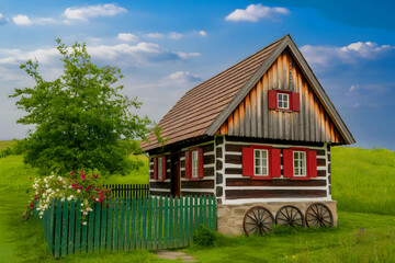 Obraz premium A Czech wooden cottage in the traditional style.