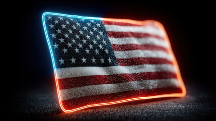 Vibrant neon american flag lights shining red and blue in the night sky for freedom and pride