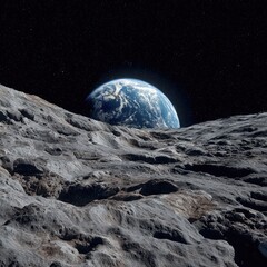 Obraz premium Earth seen from a rocky lunar landscape. Vast expanse of gray, cratered moon surface with Earth in the distance