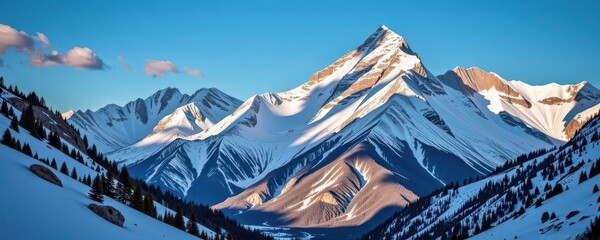 Majestic snow-covered Colorado peaks rise above a pristine landscape, bathed in sunlight. Rugged, dramatic scenery with deep blue skies and powdery snow, outdoors, cold, serenity
