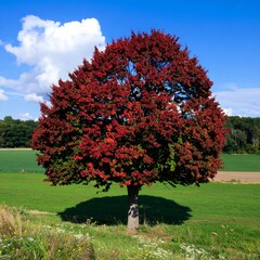 Red Autumn Tree in Field