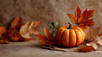 Small orange pumpkin surrounded by dried autumn leaves on a textured surface, creating a warm seasonal atmosphere with natural elements and rich colors