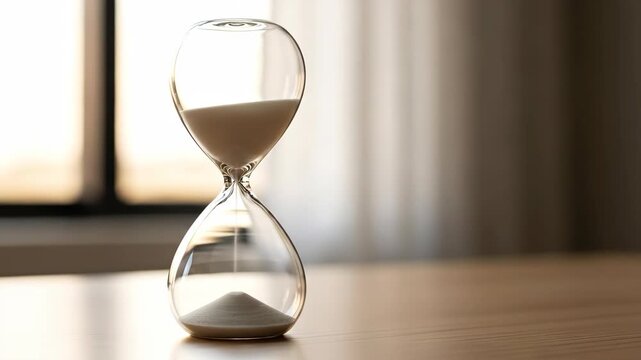 Sand flowing in an hourglass on a wooden desk with window light, representing the passage of time and challenge, slow motion footage. - Powered by Adobe