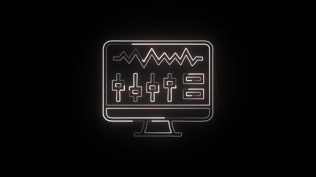 Glowing neon line PC computer with monitor animation. Desktop technology free icon HD video isolated on black background