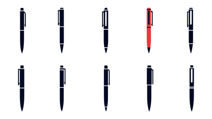 Fototapeta premium Pens in Formation: An array of pens meticulously arranged against a clean background, with one vibrant red pen positioned distinctively among the others, symbolizing individuality.
