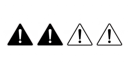 Four triangular warning signs with exclamation marks, two black and two outlined, on a transparent background