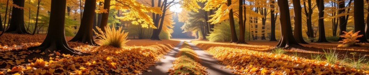 Sun-dappled forest path strewn with fallen yellow leaves, creating a vibrant autumnal scene, landscape, outdoor, october