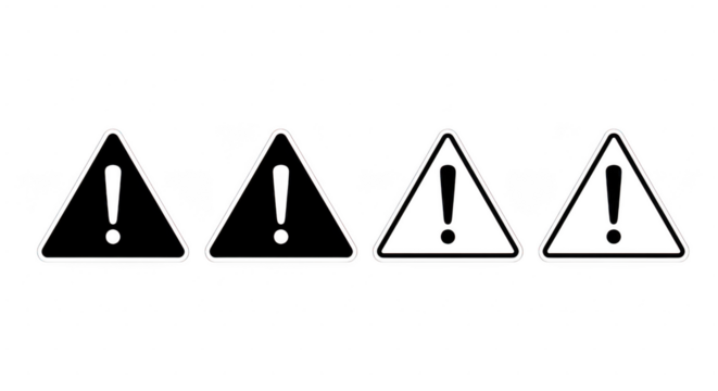 Four triangular warning signs with exclamation marks, two black and two outlined, on a transparent background - Powered by Adobe